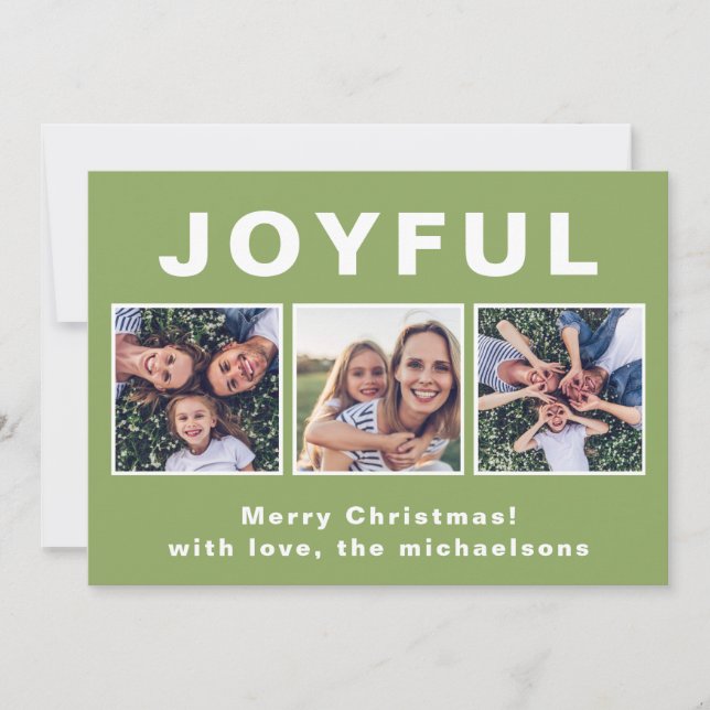 Modern Joyful Christmas Green Photo Collage Holiday Card (Front)