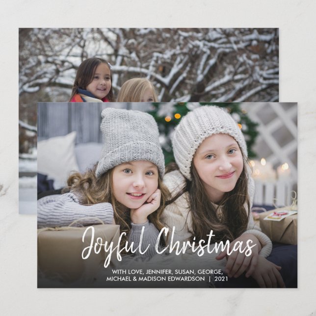 Modern Joyful Christmas modern script family photo Holiday Card (Front/Back)