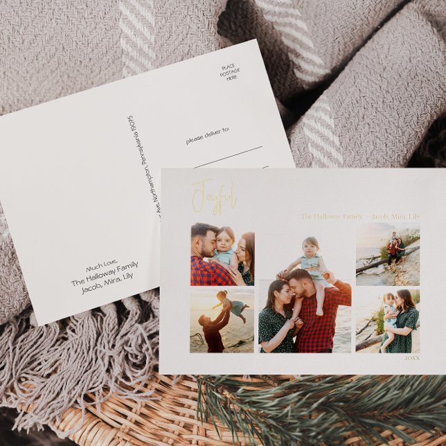 Modern Joyful Christmas Script Five Photo Gold Foil Holiday Postcard (Creator Uploaded)