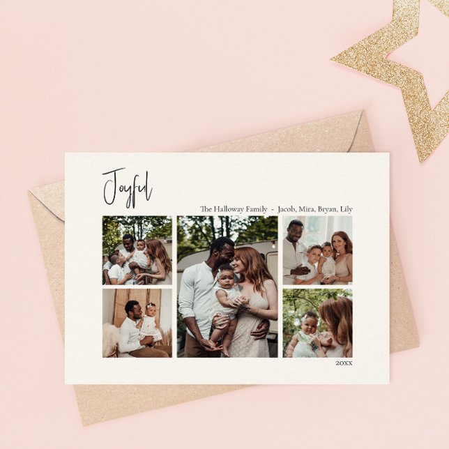 Modern Joyful Christmas Script Five-Photo Holiday Postcard (Creator Uploaded)