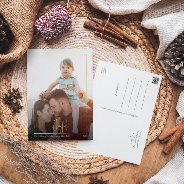 Modern Joyful Christmas Script | Framed Photo Gold Foil Holiday Postcard (Creator Uploaded)