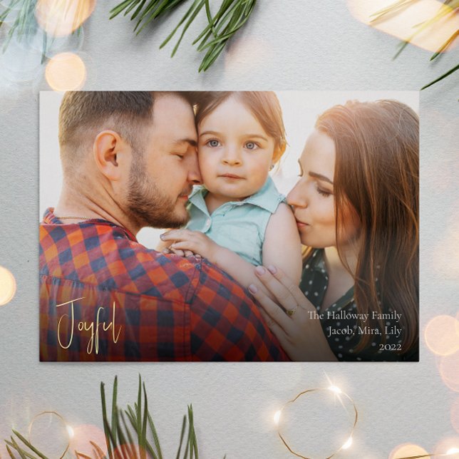 Modern Joyful Christmas Script Full Photo Gold Foil Holiday Card (Creator Uploaded)