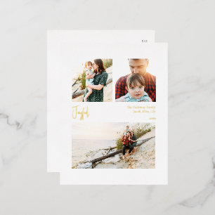 Modern Joyful Christmas Script Three Photo Gold Foil Holiday Postcard