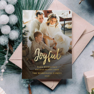 Modern Joyful Family Photo Christmas Script Foil Holiday Card