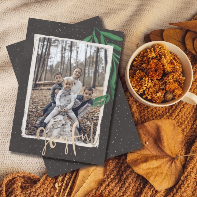 Modern Joyful Foliage & Photo Christmas  Holiday Card (Creator Uploaded)