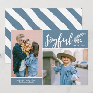 Modern Joyful Greetings Two Photo Blue Holiday Card