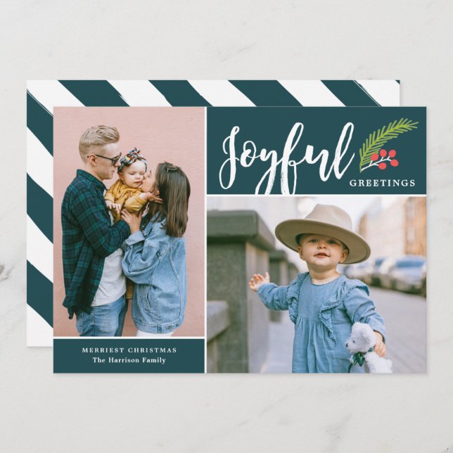 Modern Joyful Greetings Two Photo Teal Holiday Card (Front/Back)