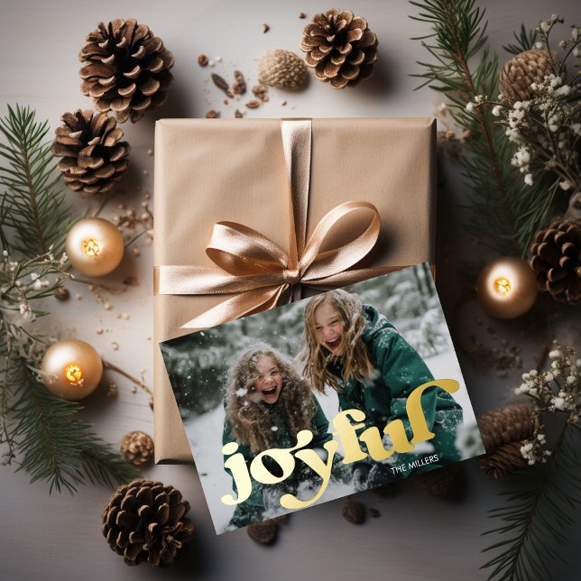 Modern Joyful Retro Typography 1 Photo Minimal Foil Holiday Postcard (Modern Joyful Retro Typography 1 Photo Minimal Foil Holiday Postcard)