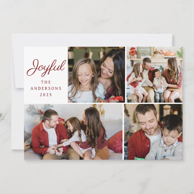 Modern Joyful Script 4 Photo Grid Christmas Holiday Card (Front)