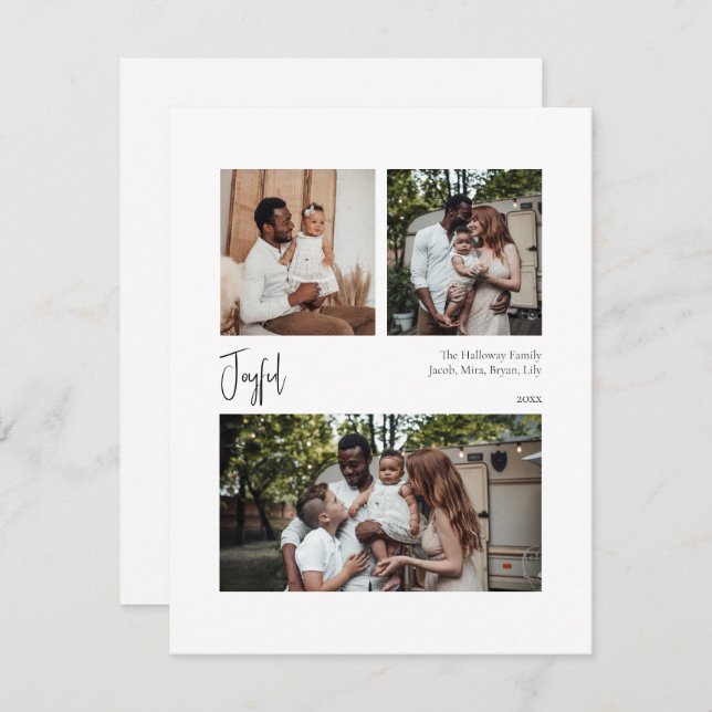 Modern Joyful Script Centred Three-Photo Holiday Card (Front/Back)