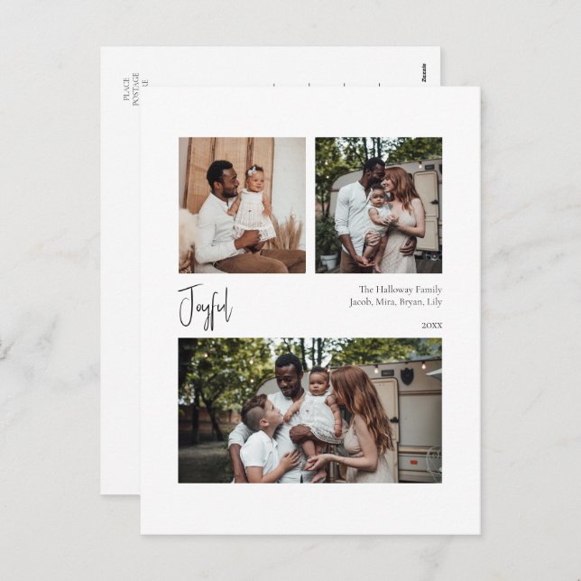 Modern Joyful Script Centred Three-Photo Holiday Postcard (Front/Back)