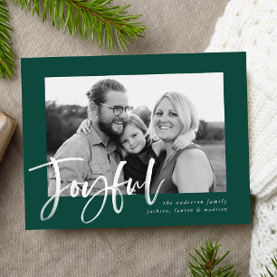 Modern Joyful Script Green Holiday Photo Postcard