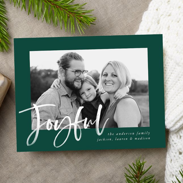 Modern Joyful Script Green Holiday Photo Postcard (Creator Uploaded)