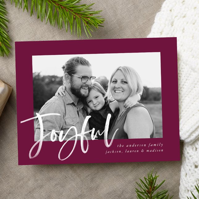 Modern Joyful Script Purple Holiday Photo Postcard (Creator Uploaded)