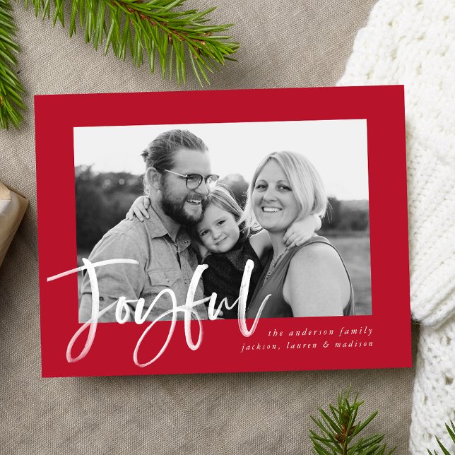 Modern Joyful Script Red Holiday Photo Postcard (Creator Uploaded)