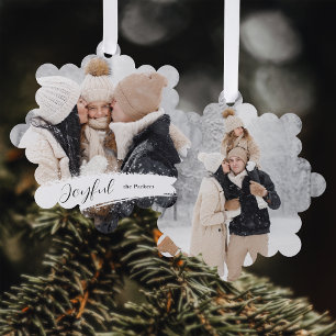 Modern Joyful Script with Snowy Brushstroke Photo Tree Decoration Card
