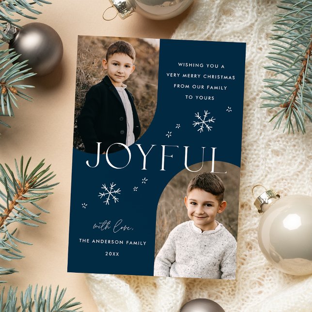 Modern Joyful Snowflake Navy Arch Frame 2 Photo Holiday Card (Creator Uploaded)