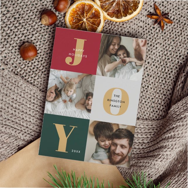 Modern Joyful Trio Photo Collage Red Green Holiday Card (Creator Uploaded)