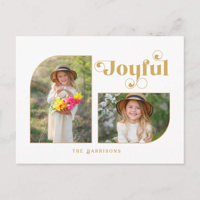 Modern Joyful Typography Half Arch 2-Photo Holiday Postcard (Front)