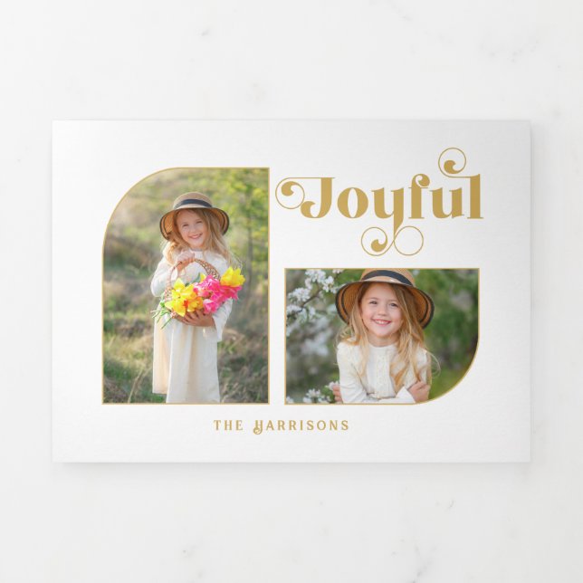 Modern Joyful Typography Half Arch 2-Photo Tri-Fold Holiday Card (Cover)
