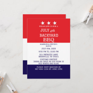 Modern July 4th Backyard BBQ Party Red White Blue Invitation