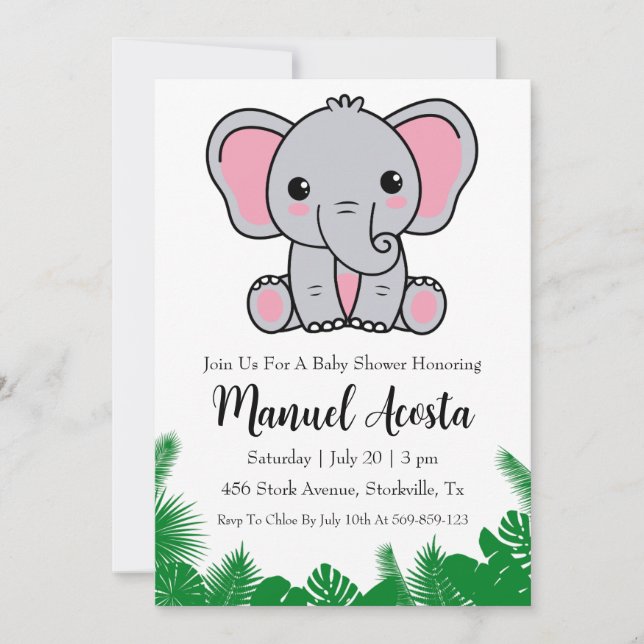 modern jungle elephant baby shower invitations (Front)