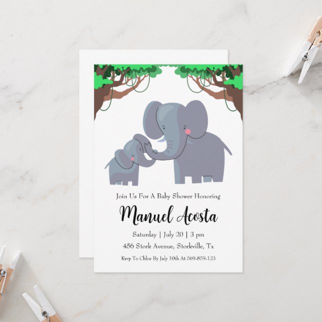 modern jungle elephant baby shower invitations (Front/Back In Situ)