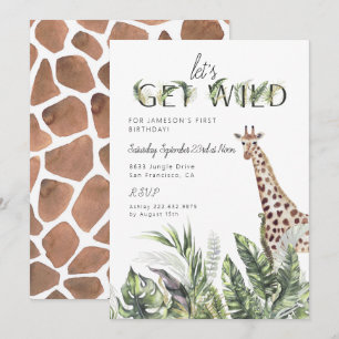Modern Jungle Greenery   Giraffe Birthday Invitation