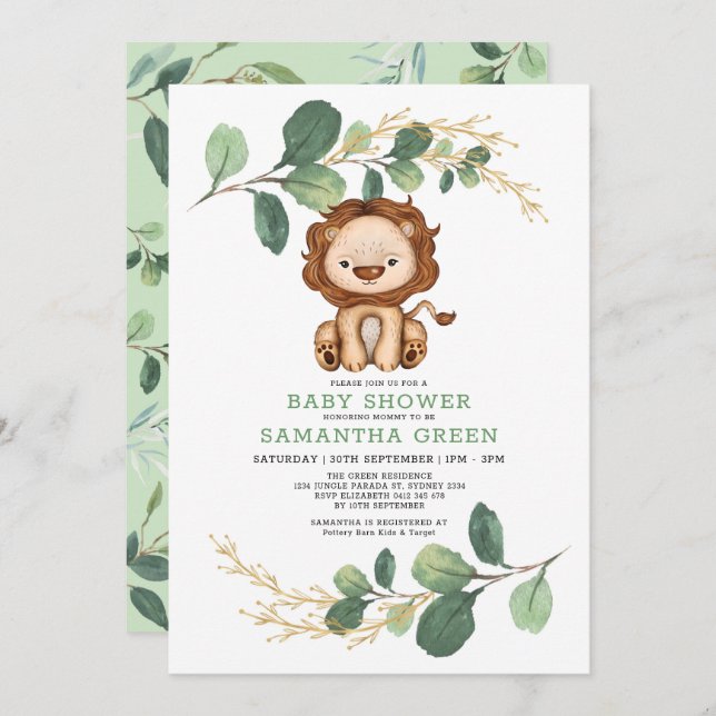 Modern Jungle Lion Greenery Gold Co-Ed Baby Shower Invitation (Front/Back)