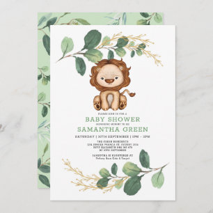 Modern Jungle Lion Greenery Gold Co-Ed Baby Shower Invitation