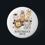 Modern Jungle Safari Animals Wild One Birthday Boy 6 Cm Round Badge<br><div class="desc">This simple yet adorable design features illustration of a group of cute safari animals: lion,  elephant,  zebra,  tiger,  monkey & giraffe</div>