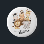 Modern Jungle Safari Animals Wild One Birthday Boy 6 Cm Round Badge<br><div class="desc">This simple yet adorable design features illustration of a group of cute safari animals: lion,  elephant,  zebra,  tiger,  monkey & giraffe</div>