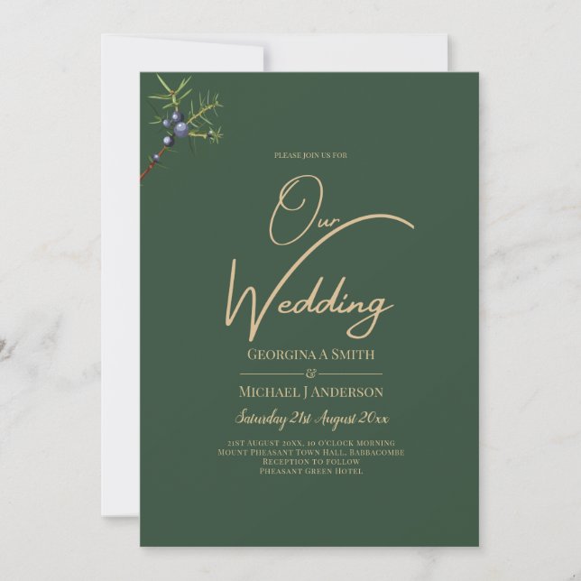 Modern JUNIPER Green GOLD Wedding Invite (Front)