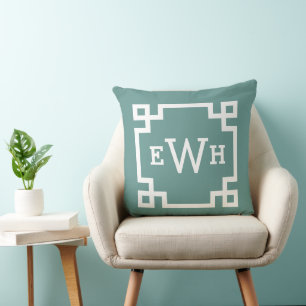 Modern Juniper Green Greek Key Custom Monogram Cushion