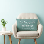 Modern Juniper Green Welcome Home Custom Last Name Lumbar Cushion<br><div class="desc">Modern juniper / teal green and white "Welcome to Our Home" lumbar pillow features stylish script text with custom sans serif monogram text that can be personalised with your family's last name. Indoor and outdoor pillow fabrics are available.</div>