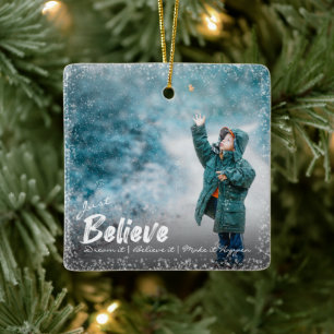 Modern Just Believe Snow Photo Merry Christmas Ceramic Ornament