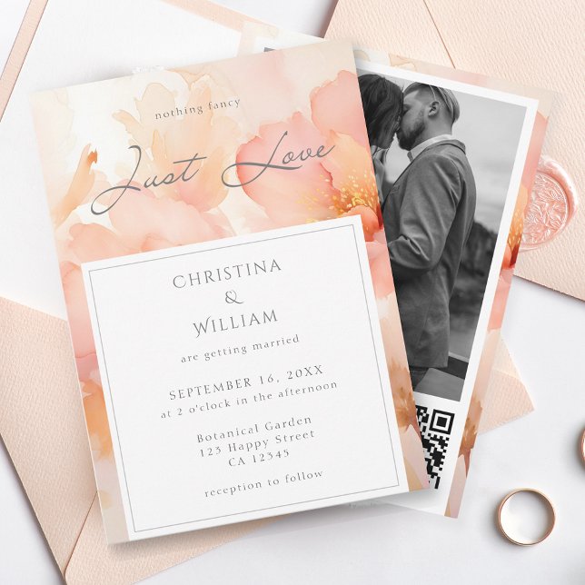 Modern Just Love Peach Floral Wedding QR Code Invitation (Creator Uploaded)