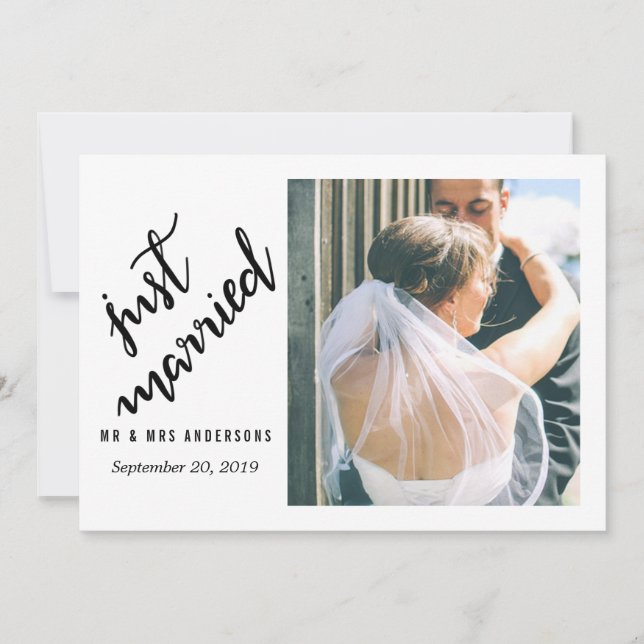 Modern Just Married Handwritten Wedding Photo Announcement (Front)
