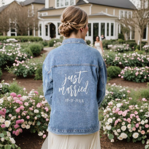 Modern Just Married White Script Typography Denim Jacket