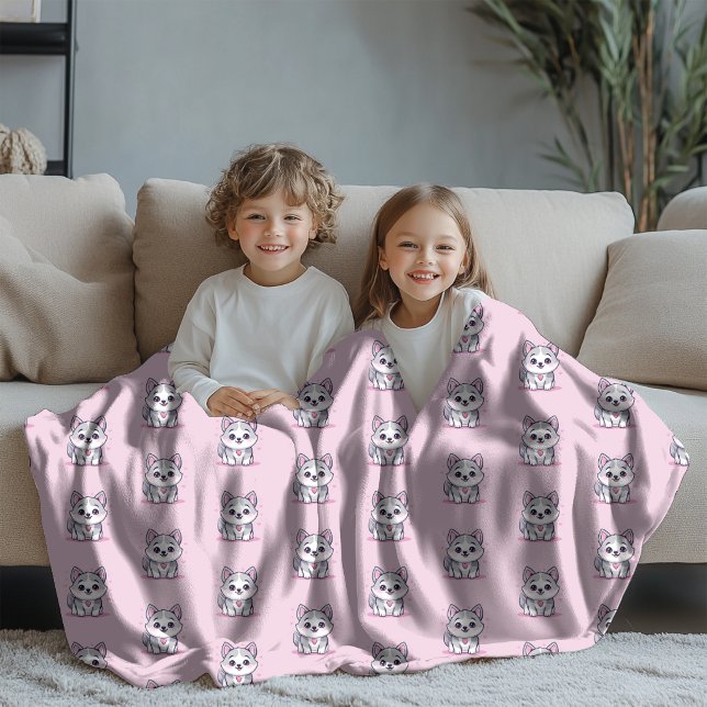 Modern Kawaii Husky Puppy Pink Pattern Fleece Blanket (Creator Uploaded)