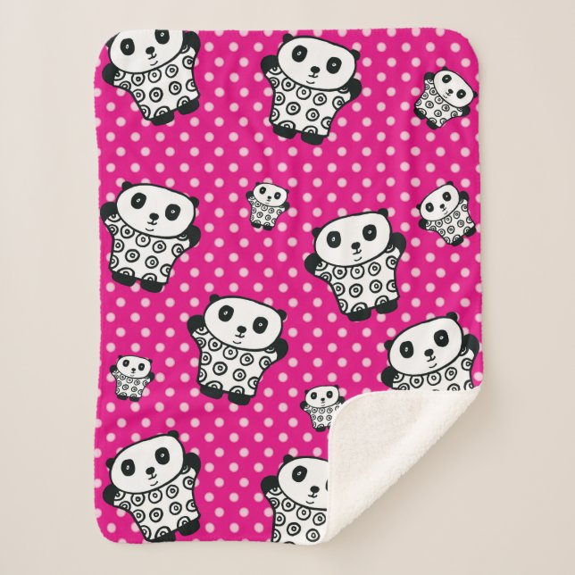 Modern Kawaii Panda Bear Pink Girly Polka Dot Sherpa Blanket (Front)