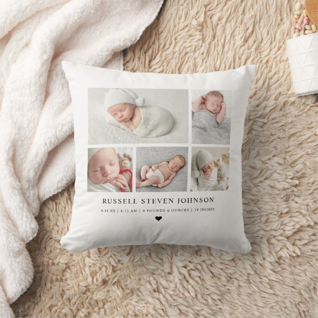 Modern Keepsake Photo Collage Newborn Stats Cushion (Blanket)