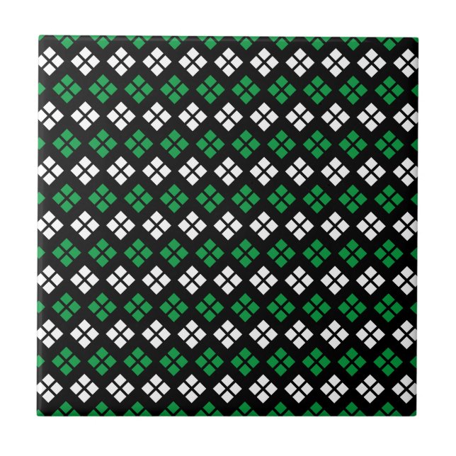 Modern Kelly Green & White Argyle Pattern on Black Ceramic Tile (Front)