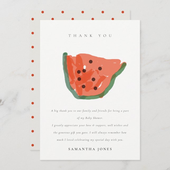 Modern Kid Hand Drawn Watermelon Fruit Baby Shower Thank You Card (Front/Back)