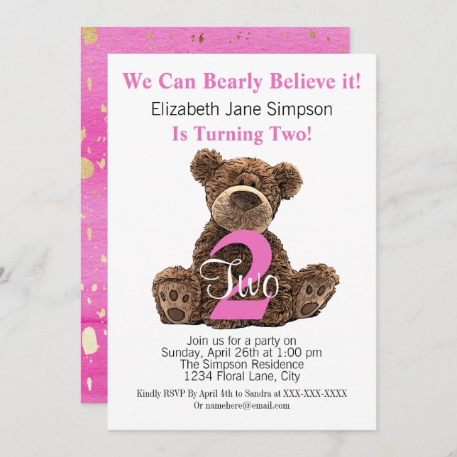 Modern Kid's 2nd Birthday Bear Cute Pink Second  Invitation (Front/Back)