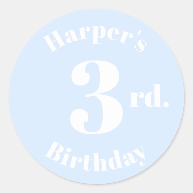 Modern Kids Birthday Custom name number light blue Classic Round Sticker (Front)