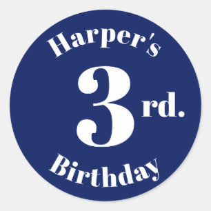 Modern Kids Birthday navy blue custom name number Classic Round Sticker