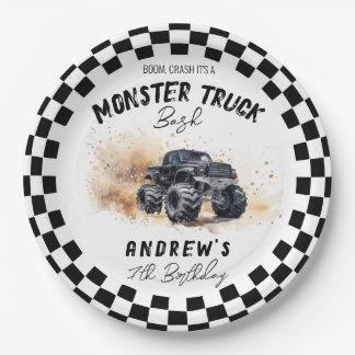 Modern Kids Black Monster Trucks Birthday Paper Plate