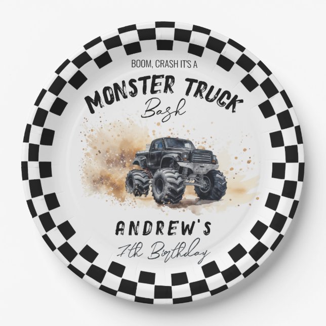 Modern Kids Black Monster Trucks Birthday Paper Plate (Front)