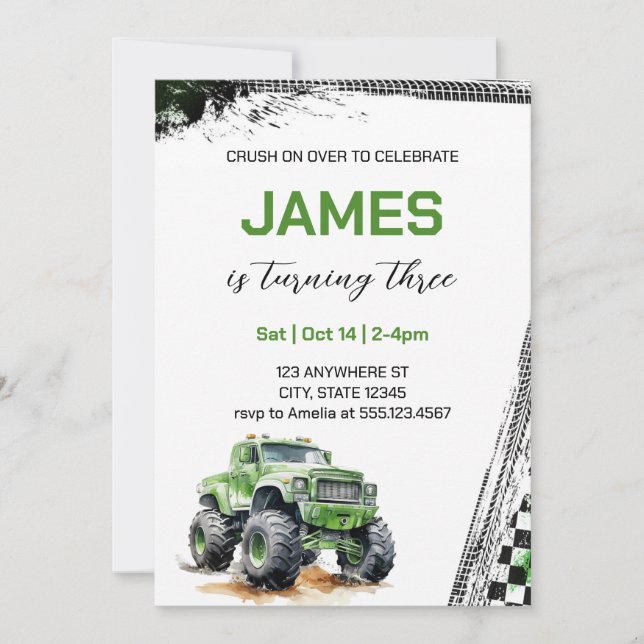 Modern Kids Green Monster Trucks Birthday Invitation (Front)